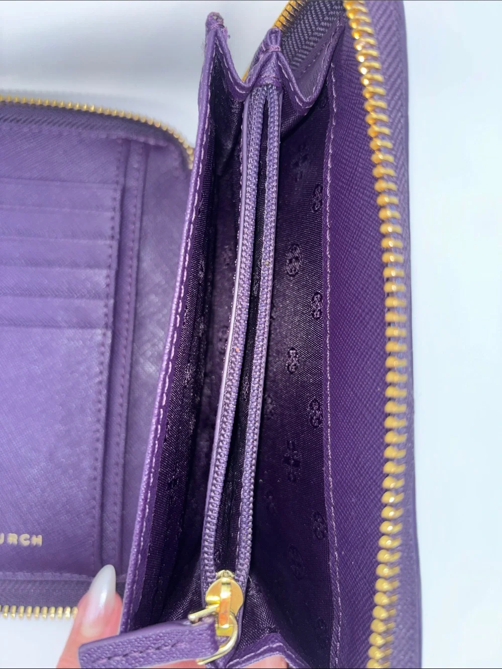 Tory Burch Deep Purple Leather Zip-Around Wallet with Gold Logo